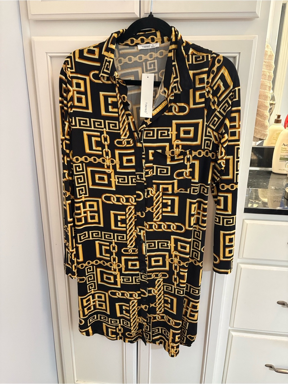 NWT 1X Timing Black & Gold Chain Pattern Shirt Dress